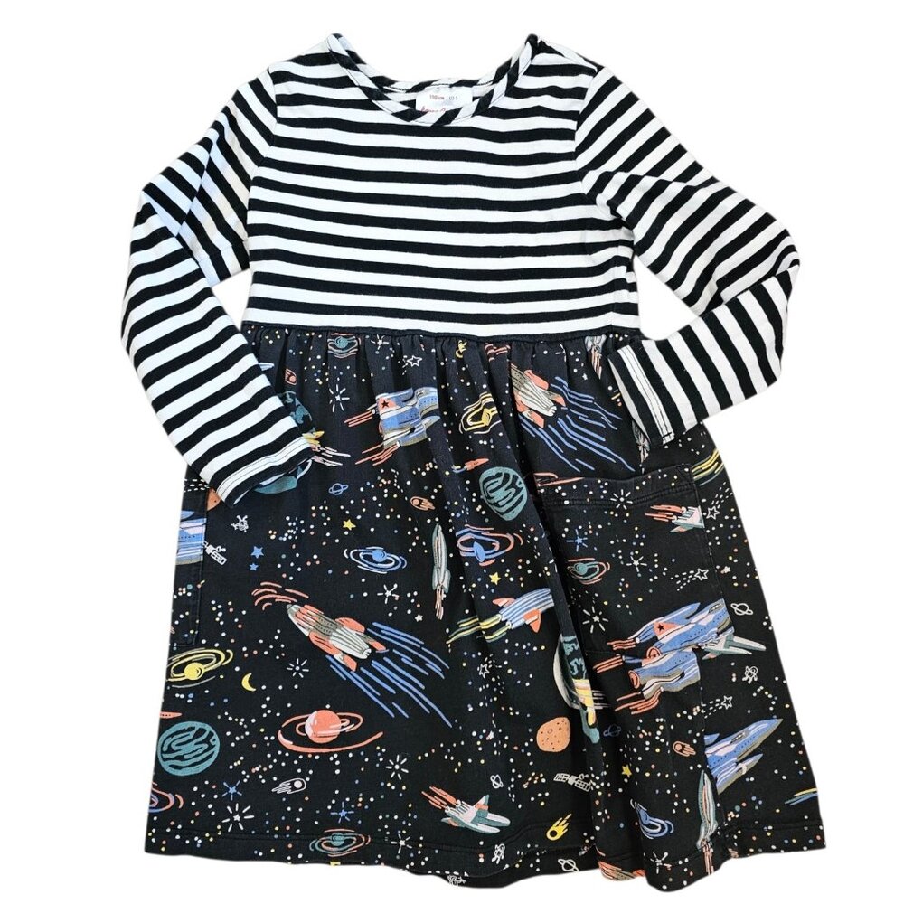 Hanna Andersson Dress Sz 110 4/5 Black Stripe Space Spaceship Long Sleeve Cotton